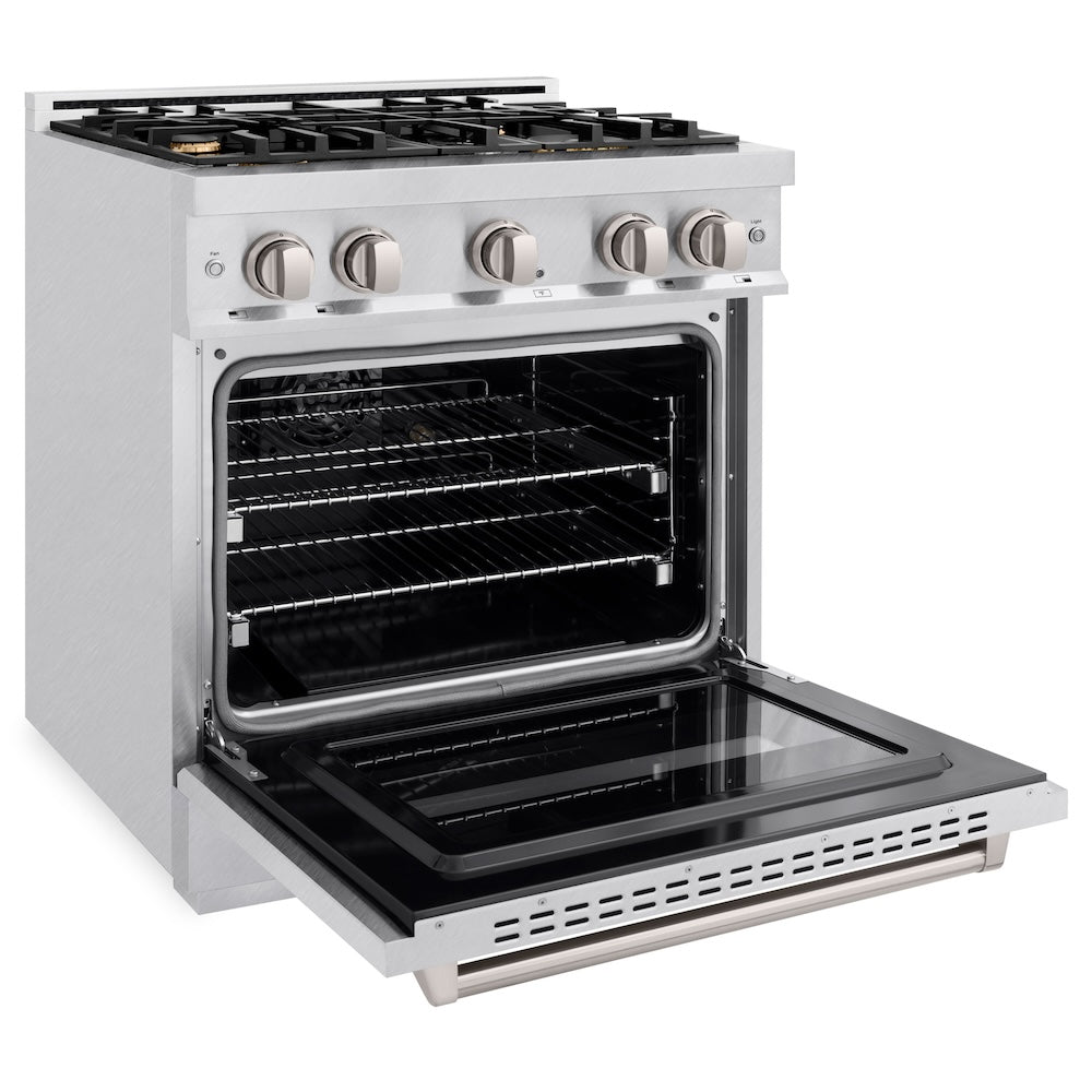 ZLINE 30 in. 4.2 cu. ft. Classic Gas Range with Convection Gas Oven in Satin Stainless Steel with 4 Brass Burners (CGRS-BR-30) side, open.