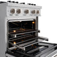 ZLINE 30 in. 4.2 cu. ft. Classic Gas Range with Convection Gas Oven in Satin Stainless Steel with 4 Brass Burners (CGRS-BR-30) close-up, open oven with racks extended, showing interior components.