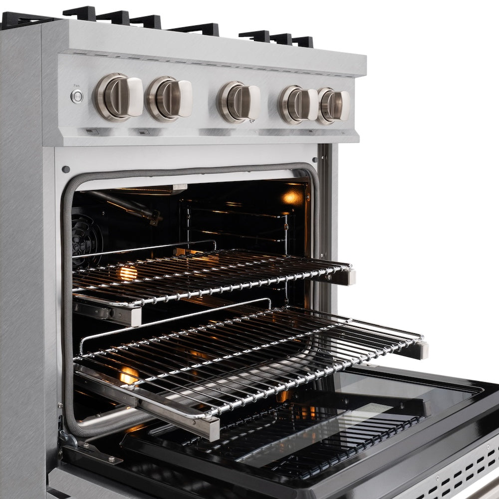 ZLINE 30 in. 4.2 cu. ft. Classic Gas Range with Convection Gas Oven in Satin Stainless Steel with 4 Brass Burners (CGRS-BR-30) close-up, open oven with racks extended, showing interior components.