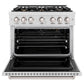 ZLINE 36 in. 5.2 cu. ft. Classic Gas Range with Convection Gas Oven in Satin Stainless Steel with 6 Brass Burners (CGRS-BR-36) front, oven open.