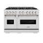 ZLINE 48 in. 6.7 cu. ft. Classic Double Oven Gas Range in Satin Stainless Steel with 8 Brass Burners (CGRS-BR-48) front.