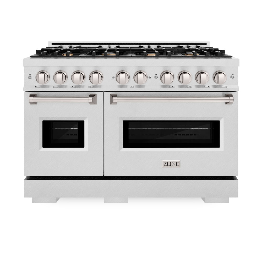 ZLINE 48 in. 6.7 cu. ft. Classic Double Oven Gas Range in Satin Stainless Steel with 8 Brass Burners (CGRS-BR-48) front.