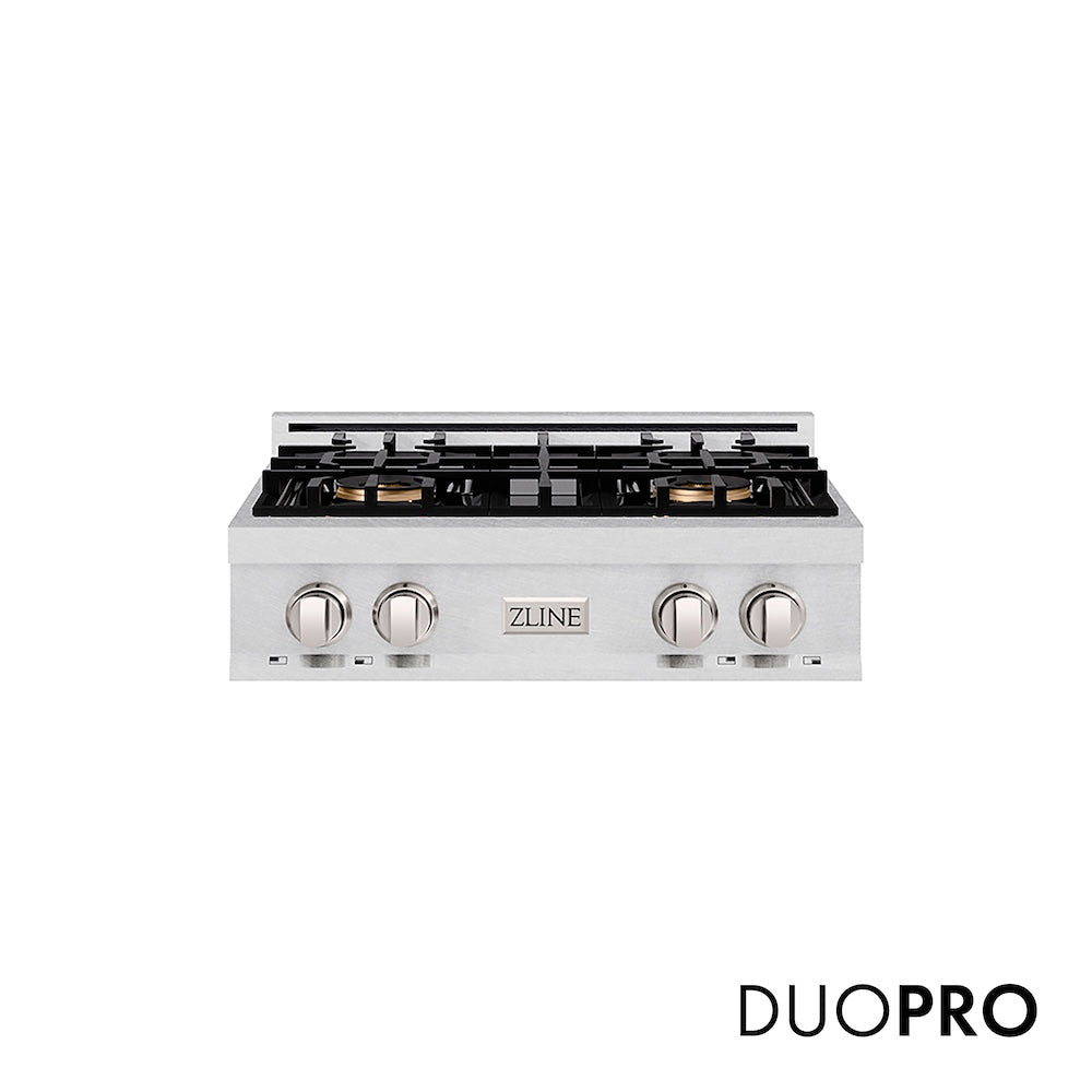 ZLINE 30 in. Classic Gas Rangetop with 4 Burner DuoPro™ Cooktop in Satin Stainless Steel (PCRTS-30) main image.