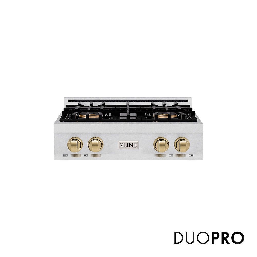 ZLINE Autograph Edition 30 in. Classic Gas Rangetop with 4 Burner DuoPro™ Cooktop in Satin Stainless Steel and Champagne Bronze Accents (PCRTSZ-30-CB) front, with DuoPro™ logo.