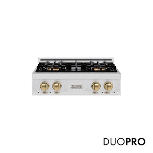 ZLINE Autograph Edition 30 in. Classic Gas Rangetop with 4 Burner DuoPro™ Cooktop in Satin Stainless Steel and Champagne Bronze Accents (PCRTSZ-30-CB) main image.