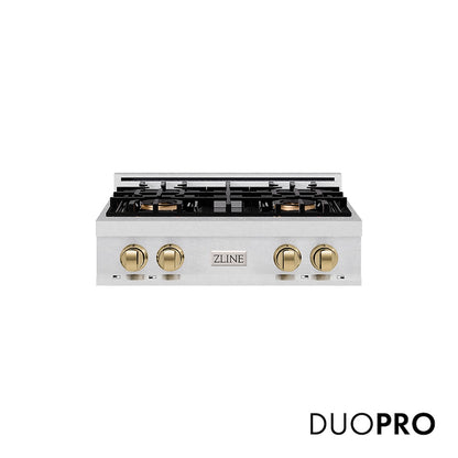 ZLINE Autograph Edition 30 in. Classic Gas Rangetop with 4 Burner DuoPro™ Cooktop in Satin Stainless Steel and Champagne Bronze Accents (PCRTSZ-30-CB) front, with DuoPro™ logo.