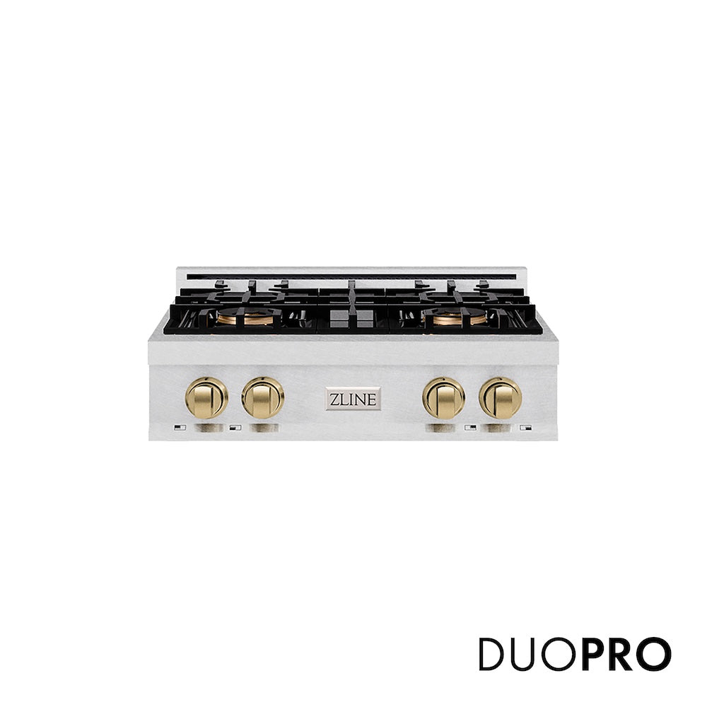 ZLINE Autograph Edition 30 in. Classic Gas Rangetop with 4 Burner DuoPro™ Cooktop in Satin Stainless Steel and Champagne Bronze Accents, Open Box-Good Condition