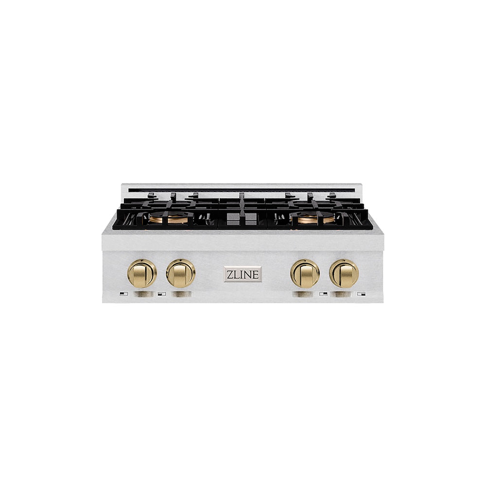 ZLINE Autograph Edition 30 in. Classic Gas Rangetop with 4 Burner DuoPro™ Cooktop in Satin Stainless Steel and Champagne Bronze Accents (PCRTSZ-30-CB) front.