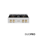 ZLINE Autograph Edition 30 in. Classic Gas Rangetop with 4 Burner DuoPro™ Cooktop in Satin Stainless Steel and Polished Gold Accents (PCRTSZ-30-G) front, with DuoPro™ logo.