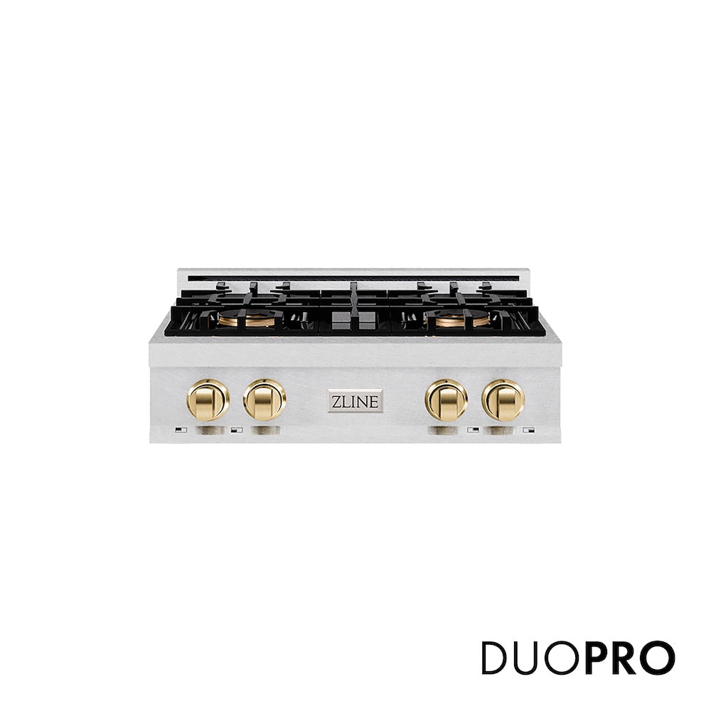 ZLINE Autograph Edition 30 in. Classic Gas Rangetop with 4 Burner DuoPro™ Cooktop in Satin Stainless Steel and Polished Gold Accents (PCRTSZ-30-G) front, with DuoPro™ logo.