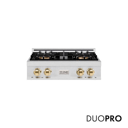 ZLINE Autograph Edition 30 in. Classic Gas Rangetop with 4 Burner DuoPro™ Cooktop in Satin Stainless Steel and Polished Gold Accents (PCRTSZ-30-G) front, with DuoPro™ logo.