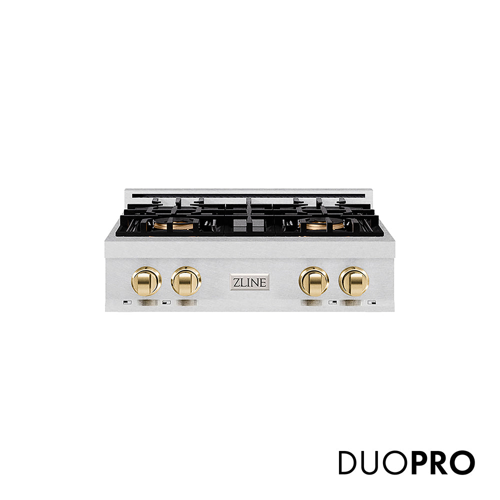 ZLINE Autograph Edition 30 in. Classic Gas Rangetop with 4 Burner DuoPro™ Cooktop in Satin Stainless Steel and Polished Gold Accents, Open Box-Great Condition main image.