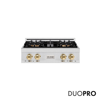 ZLINE Autograph Edition 30 in. Classic Gas Rangetop with 4 Burner DuoPro™ Cooktop in Satin Stainless Steel and Polished Gold Accents, Open Box-Great Condition