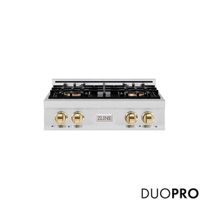 ZLINE Autograph Edition 30 in. Classic Gas Rangetop with 4 Burner DuoPro™ Cooktop in Satin Stainless Steel and Polished Gold Accents, Open Box-Good Condition main image.