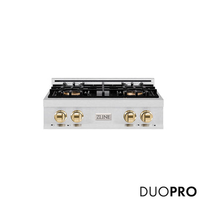 ZLINE Autograph Edition 30 in. Classic Gas Rangetop with 4 Burner DuoPro™ Cooktop in Satin Stainless Steel and Polished Gold Accents, Open Box-Good Condition