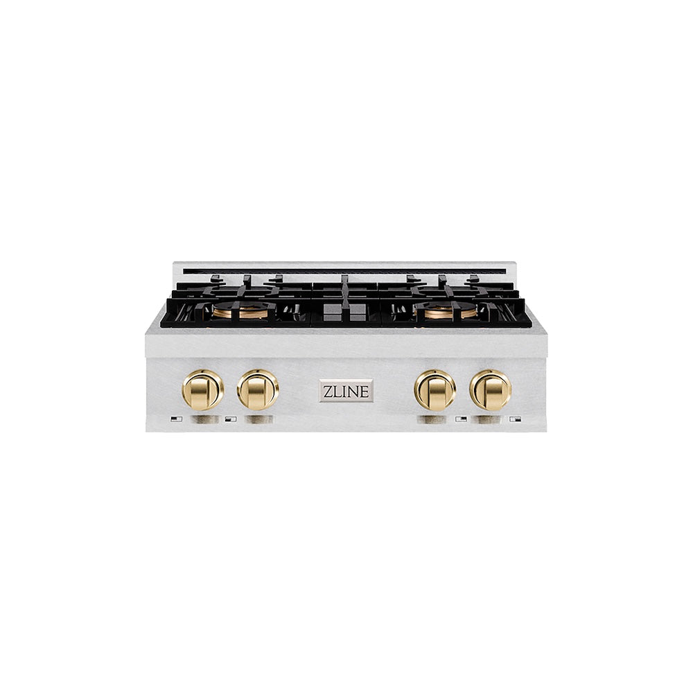 ZLINE Autograph Edition 30 in. Classic Gas Rangetop with 4 Burner DuoPro™ Cooktop in Satin Stainless Steel and Polished Gold Accents (PCRTSZ-30-G) front.