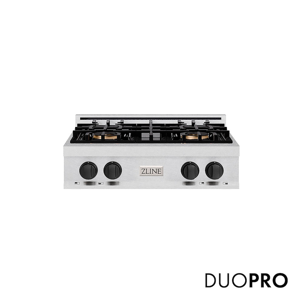 ZLINE Autograph Edition 30 in. Classic Gas Rangetop with 4 Burner DuoPro™ Cooktop in Satin Stainless Steel and Matte Black Accents (PCRTSZ-30-MB) front, with DuoPro™ logo.