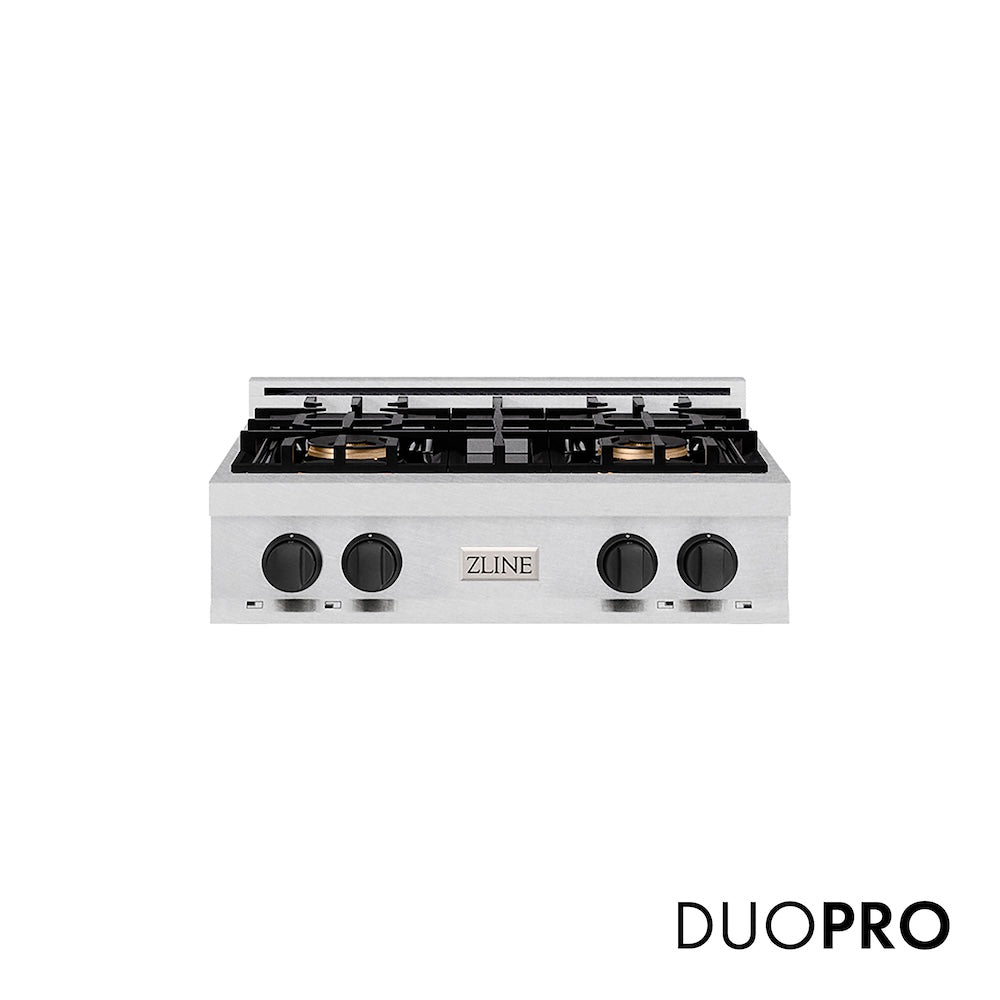 ZLINE Autograph Edition 30 in. Classic Gas Rangetop with 4 Burner DuoPro™ Cooktop in Satin Stainless Steel and Matte Black Accents, Open Box-Good Condition