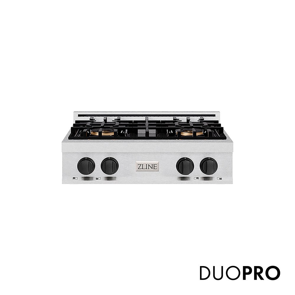 ZLINE Autograph Edition 30 in. Classic Gas Rangetop with 4 Burner DuoPro™ Cooktop in Satin Stainless Steel and Matte Black Accents, Open Box-Great Condition main image.