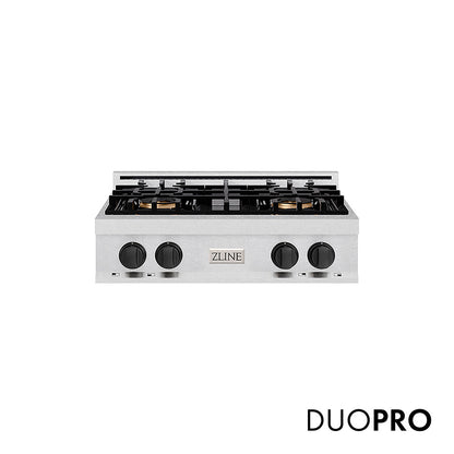 ZLINE Autograph Edition 30 in. Classic Gas Rangetop with 4 Burner DuoPro™ Cooktop in Satin Stainless Steel and Matte Black Accents, Open Box-Great Condition