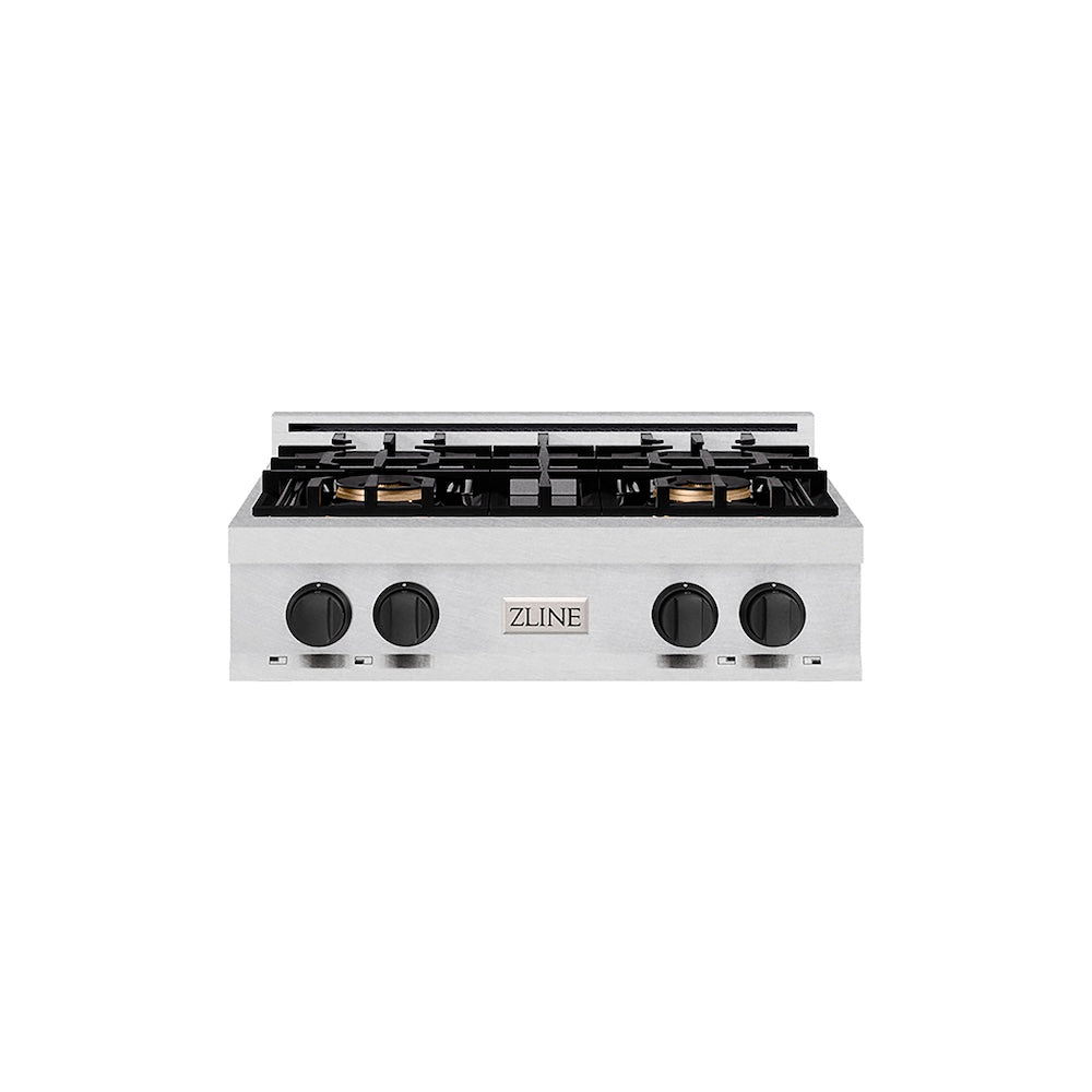 ZLINE Autograph Edition 30 in. Classic Gas Rangetop with 4 Burner DuoPro™ Cooktop in Satin Stainless Steel and Matte Black Accents (PCRTSZ-30-MB) front.