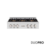 ZLINE 36 in. Classic Gas Rangetop with 6 Burner DuoPro™ Cooktop in Satin Stainless Steel (PCRTS-36) front, with DuoPro™ logo.