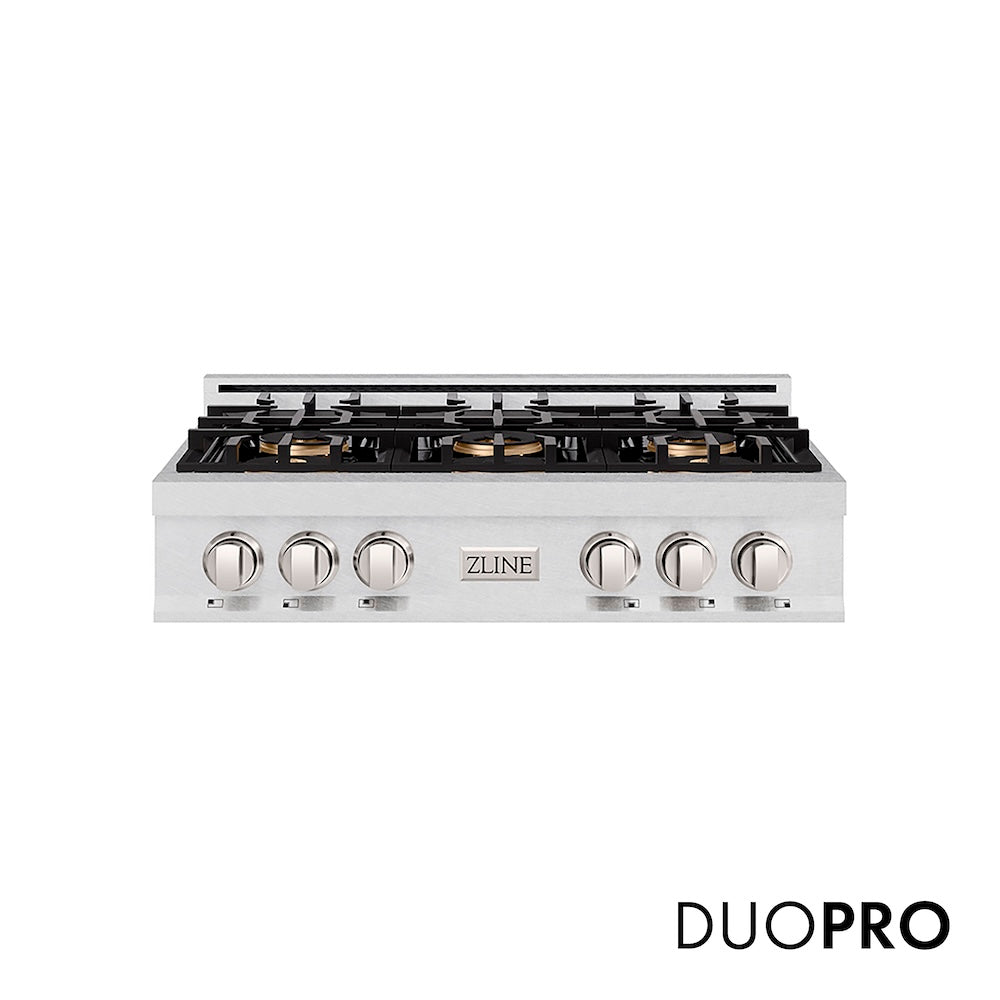 ZLINE 36 in. Classic Gas Rangetop with 6 Burner DuoPro™ Cooktop in Satin Stainless Steel (PCRTS-36) front, with DuoPro™ logo.