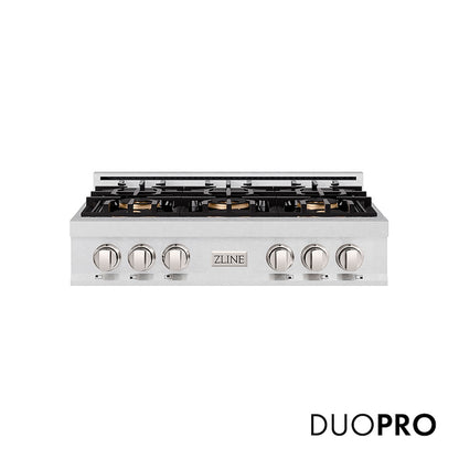 ZLINE 36 in. Classic Gas Rangetop with 6 Burner DuoPro™ Cooktop in Satin Stainless Steel (PCRTS-36) front, with DuoPro™ logo.