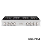 ZLINE 48 in. Classic Gas Rangetop with 8 Burner DuoPro™ Cooktop in Satin Stainless Steel (PCRTS-48) front, with DuoPro™ logo.