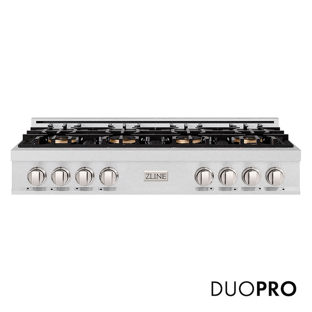 ZLINE 48 in. Classic Gas Rangetop with 8 Burner DuoPro™ Cooktop in Satin Stainless Steel (PCRTS-48) front, with DuoPro™ logo.