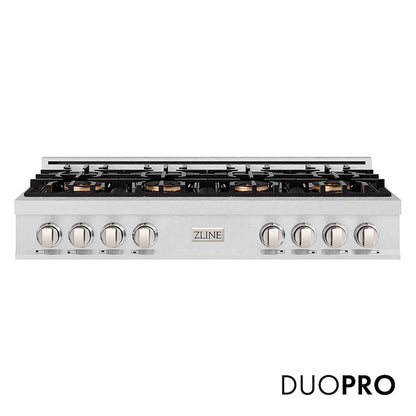 ZLINE 48 in. Classic Gas Rangetop with 8 Burner DuoPro™ Cooktop in Satin Stainless Steel (PCRTS-48) front, with DuoPro™ logo.