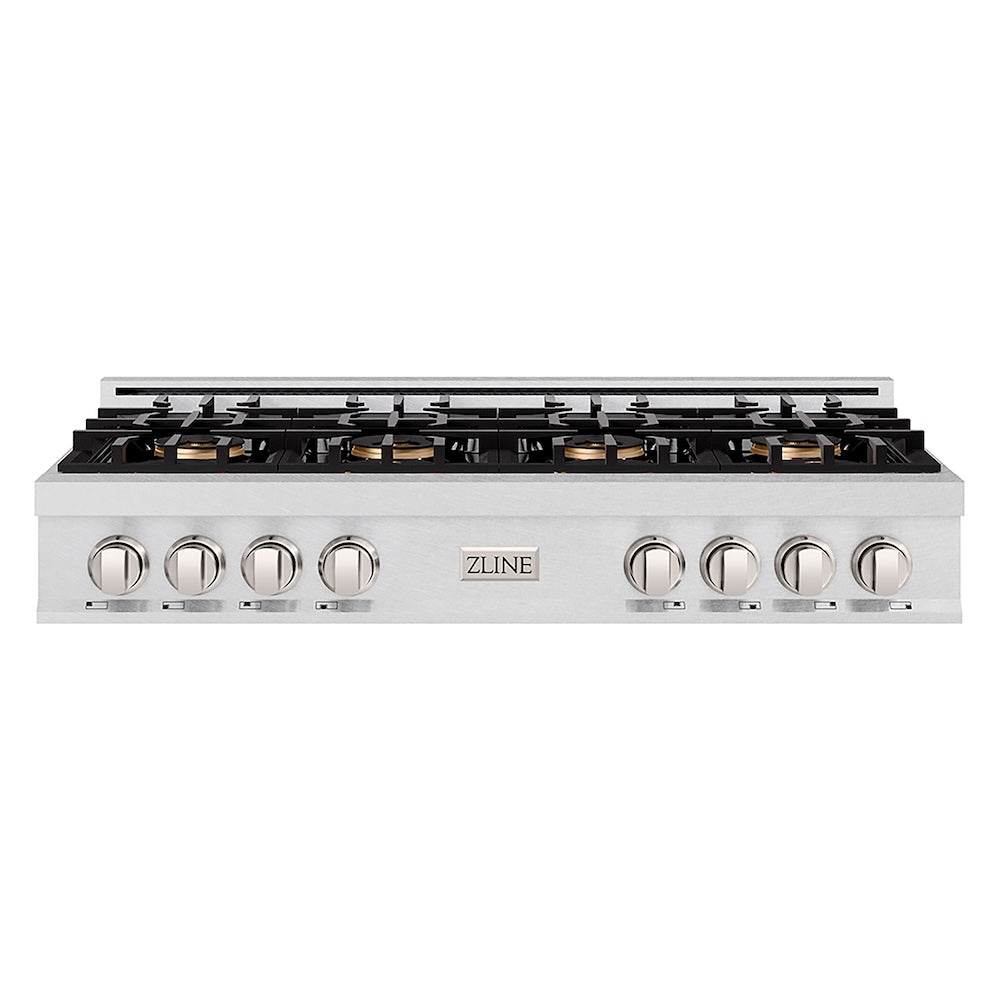 ZLINE 48 in. Classic Gas Rangetop with 8 Burner DuoPro™ Cooktop in Satin Stainless Steel (PCRTS-48) front.