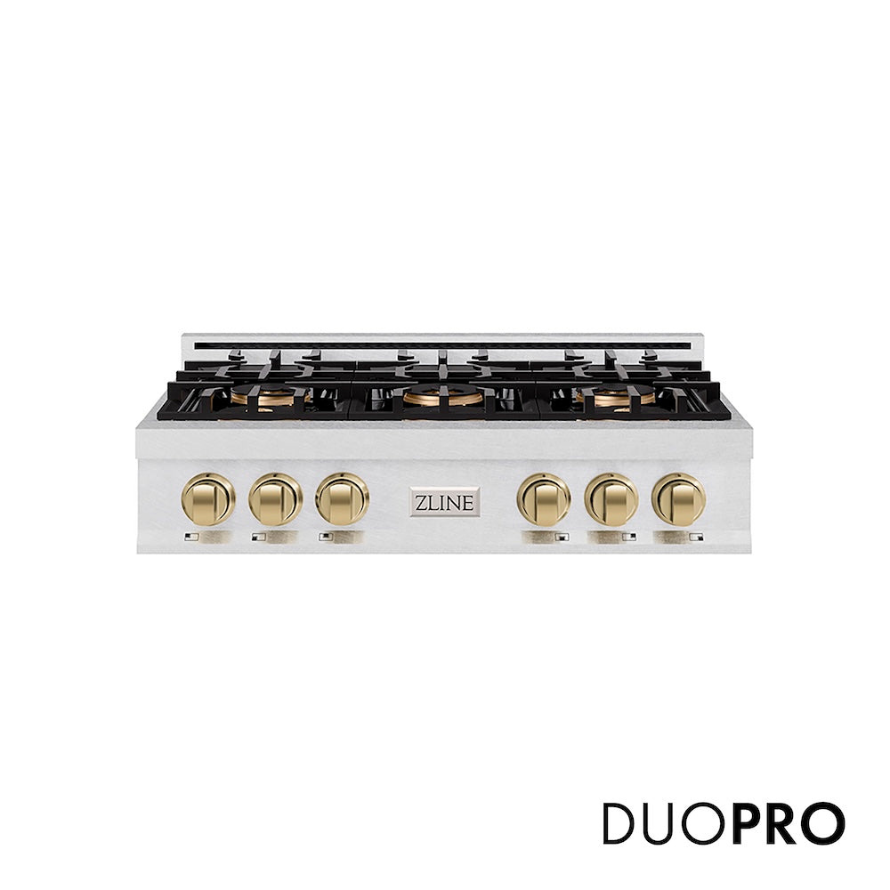 ZLINE Autograph Edition 36 in. Classic Gas Rangetop with 6 Burner DuoPro™ Cooktop in Satin Stainless Steel and Champagne Bronze Accents (PCRTSZ-36-CB) front, with DuoPro™ logo.