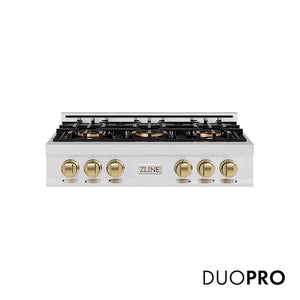 ZLINE Autograph Edition 36 in. Classic Gas Rangetop with 6 Burner DuoPro™ Cooktop in Satin Stainless Steel and Champagne Bronze Accents (PCRTSZ-36-CB) main image.
