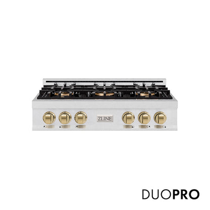 ZLINE Autograph Edition 36 in. Classic Gas Rangetop with 6 Burner DuoPro™ Cooktop in Satin Stainless Steel and Champagne Bronze Accents (PCRTSZ-36-CB) front, with DuoPro™ logo.