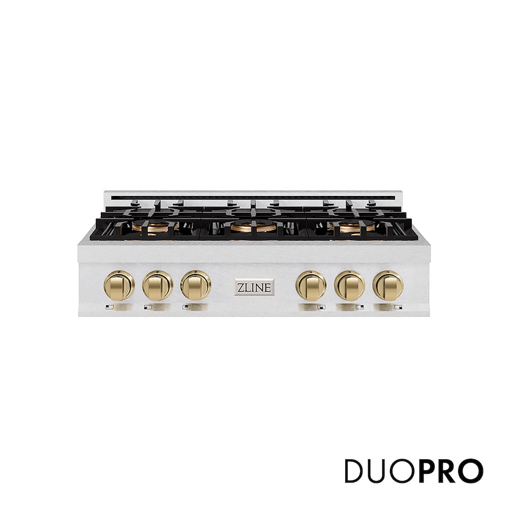 ZLINE Autograph Edition 36 in. Classic Gas Rangetop with 6 Burner DuoPro™ Cooktop in Satin Stainless Steel and Champagne Bronze Accents, Open Box-Good Condition