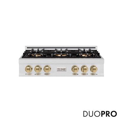 ZLINE Autograph Edition 36 in. Classic Gas Rangetop with 6 Burner DuoPro™ Cooktop in Satin Stainless Steel and Champagne Bronze Accents, Open Box-Good Condition