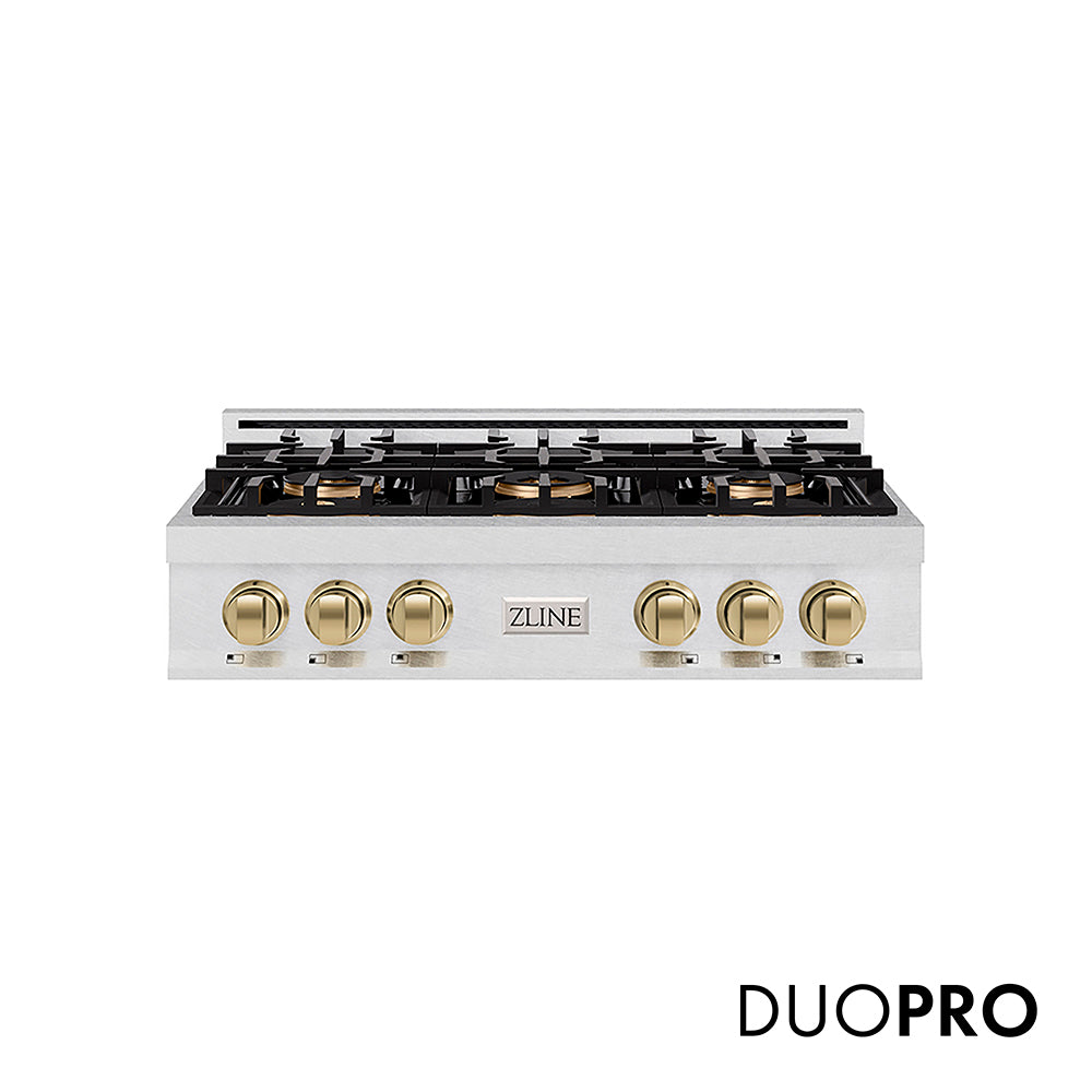 ZLINE Autograph Edition 36 in. Classic Gas Rangetop with 6 Burner DuoPro™ Cooktop in Satin Stainless Steel and Champagne Bronze Accents, Open Box-Great Condition main image.