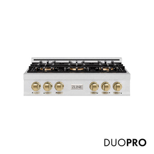 ZLINE Autograph Edition 36 in. Classic Gas Rangetop with 6 Burner DuoPro™ Cooktop in Satin Stainless Steel and Champagne Bronze Accents, Open Box-Great Condition main image.