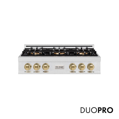 ZLINE Autograph Edition 36 in. Classic Gas Rangetop with 6 Burner DuoPro™ Cooktop in Satin Stainless Steel and Champagne Bronze Accents, Open Box-Great Condition