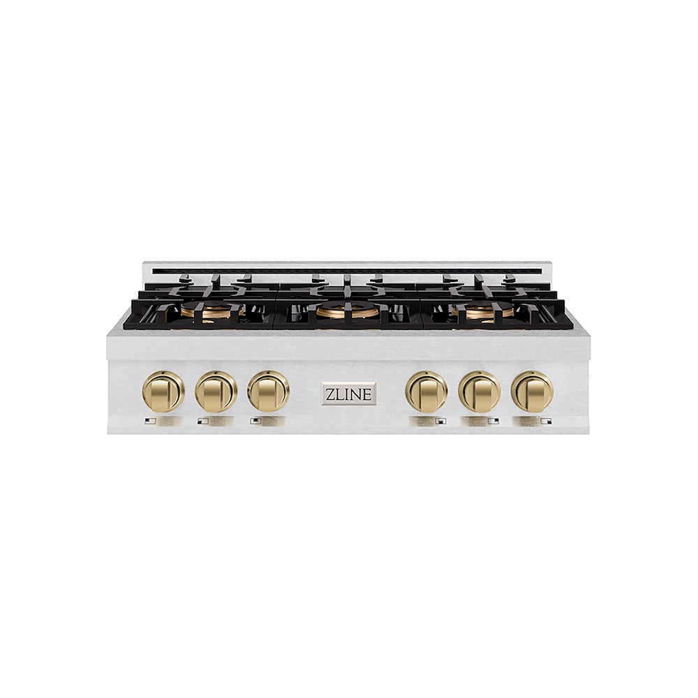 ZLINE Autograph Edition 36 in. Classic Gas Rangetop with 6 Burner DuoPro™ Cooktop in Satin Stainless Steel and Champagne Bronze Accents (PCRTSZ-36-CB) front.