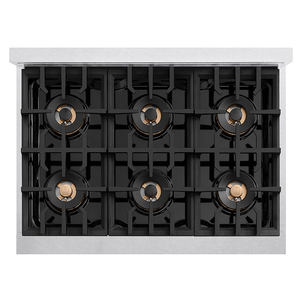 ZLINE Autograph Edition 36 in. Classic Gas Rangetop with 6 Burner DuoPro™ Cooktop in Satin Stainless Steel and Champagne Bronze Accents (PCRTSZ-36-CB) top-down, above cooktop.
