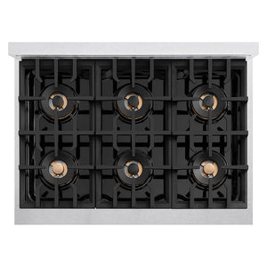 ZLINE Autograph Edition 36 in. Classic Gas Rangetop with 6 Burner DuoPro™ Cooktop in Satin Stainless Steel and Champagne Bronze Accents (PCRTSZ-36-CB) top-down, above cooktop.