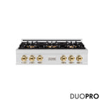 ZLINE Autograph Edition 36 in. Classic Gas Rangetop with 6 Burner DuoPro™ Cooktop in Satin Stainless Steel and Polished Gold Accents (PCRTSZ-36-G) front, with DuoPro™ logo.