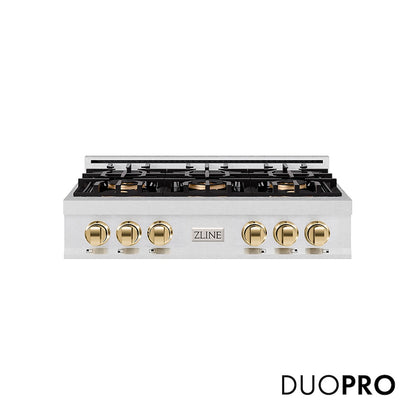 ZLINE Autograph Edition 36 in. Classic Gas Rangetop with 6 Burner DuoPro™ Cooktop in Satin Stainless Steel and Polished Gold Accents (PCRTSZ-36-G) front, with DuoPro™ logo.