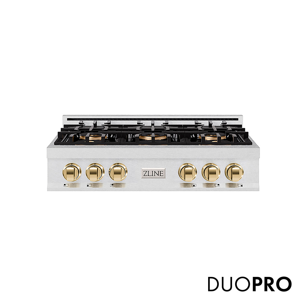 ZLINE Autograph Edition 36 in. Classic Gas Rangetop with 6 Burner DuoPro™ Cooktop in Satin Stainless Steel and Polished Gold Accents, Open Box-Great Condition main image.