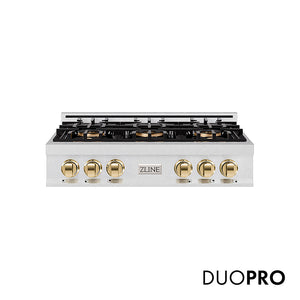 ZLINE Autograph Edition 36 in. Classic Gas Rangetop with 6 Burner DuoPro™ Cooktop in Satin Stainless Steel and Polished Gold Accents, Open Box-Great Condition main image.