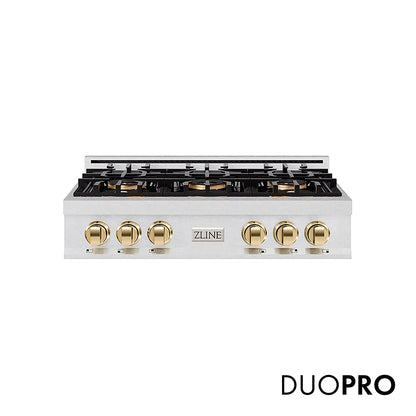 ZLINE Autograph Edition 36 in. Classic Gas Rangetop with 6 Burner DuoPro™ Cooktop in Satin Stainless Steel and Polished Gold Accents, Open Box-Great Condition
