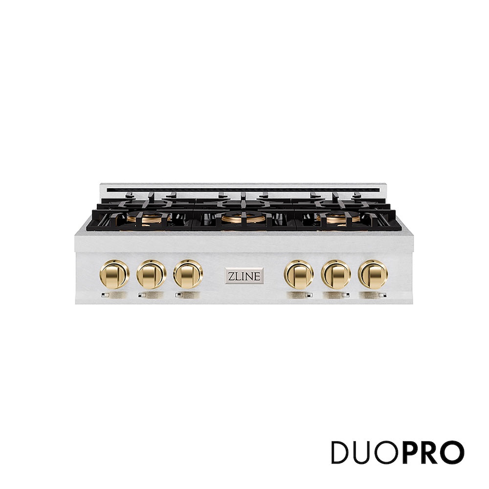 ZLINE Autograph Edition 36 in. Classic Gas Rangetop with 6 Burner DuoPro™ Cooktop in Satin Stainless Steel and Polished Gold Accents, Open Box-Good Condition