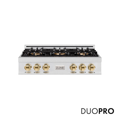 ZLINE Autograph Edition 36 in. Classic Gas Rangetop with 6 Burner DuoPro™ Cooktop in Satin Stainless Steel and Polished Gold Accents, Open Box-Good Condition